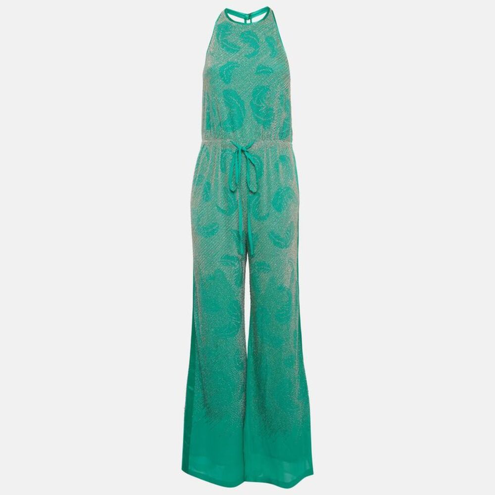 Roberto Cavalli Green Chiffon Embellished Halter Jumpsuit S